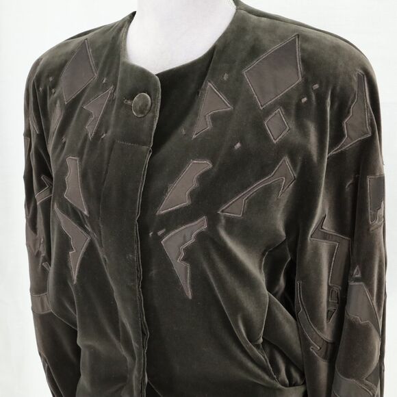 Laurel Escada Jacket Womens 6 Green Velour Lined Applique Shoulder Pads Vintage - Picture 8 of 16